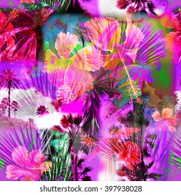 Neon Palm Trees Seamless Pattern With Tropical Flowers Hibiscus. Gorgeous Creative Tropical Floral Background. CLIP Art - Photo Collage Artwork.
