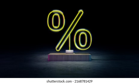 Neon Percent Sign With Illumination On A Stage. 3D Rendering