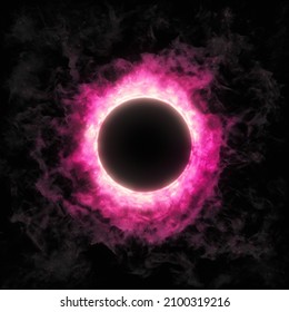 Neon Pink Colored Circle On Black. Abstract Smoke Ring Portal Effect, Celestial Event. Perfect For Overlay Or Logos. 3D Rendering