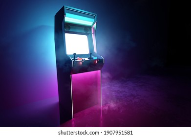 Neon Pink And Cyan Glowing Retro Games Arcade Machine Background. 3D Illustration.