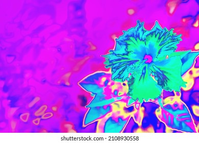 Neon Pink And Mint Tropical Flower Background Texture. Futuristic Surreal Solarized Vaporwave Plants Pattern. Abstract Pixelated Art. Night Club Jungle Psychedelic Summer Party Flyer With Copy Space