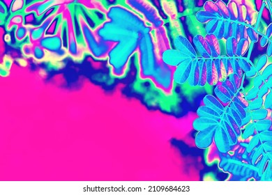 Neon Pink And Mint Tropical Leaves Background Texture. Futuristic Surreal Solarized Vaporwave Plants Pattern. Abstract Pixelated Art. Night Club Jungle Psychedelic Summer Party Flyer With Copy Space