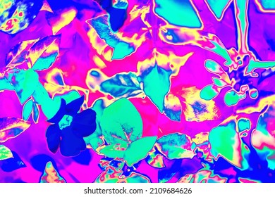 Neon Pink, Purple, Green Colored Tropical Leaves Background Texture. Futuristic Surreal Solarized Vaporwave Plants Pattern. Abstract Pixelated Art. Night Club Jungle Psychedelic Summer Party Flyer