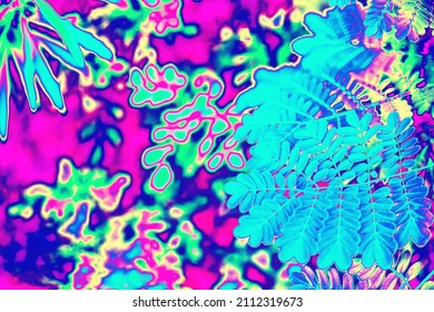 Neon Pink, Purple, Green Colored Tropical Leaves Background Texture. Futuristic Surreal Solarized Vaporwave Plants Pattern. Abstract Pixelated Art. Night Club Jungle Psychedelic Summer Party Flyer