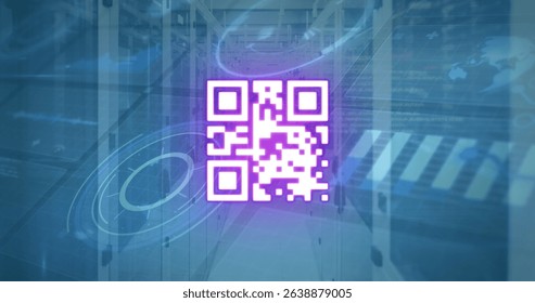 Neon pink QR code floating in server room with glass door cabinets, code overlays, waveforms. Futuristic, cybersecurity, technology, digital, network, innovation, cyber