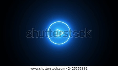 Neon Play button icon. 3d rendering. Press to play. Glowing blue color play button on black background. media player button, Neon glowing Play button sign.
