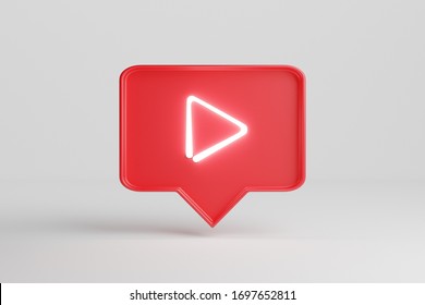 Neon Play Symbol. Red Pin Chat Box Isolated Over A White Background.  3d Render Neon Sings.