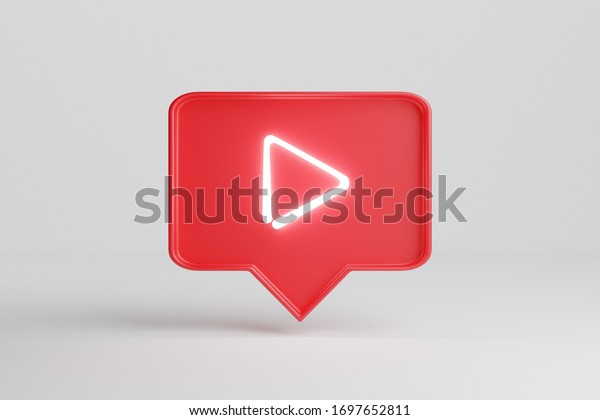Neon play symbol. Red pin chat box\
isolated over a white background.  3d render Neon\
sings.