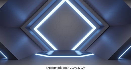 Neon Podium Technology Tunnel Laser Light Passage Neon Light 3d Illustration