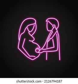 Neon Prenatal Checkup Icon In Line Style. Pregnant Woman And Doctor With Stethoscope Symbol.