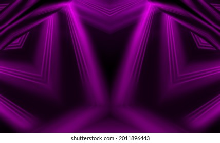 Neon purple abstract light rays on a dark background. Light effect, laser show, surface reflection. Ultraviolet radiation, nightclub. 3d illustration