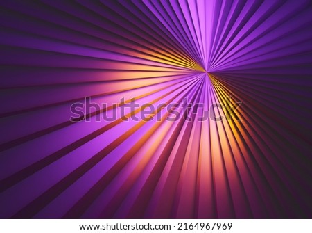 Neon purple background. Violet rays background. Orange-lilac background with rays from center. Modern wallpaper. Abstract pattern. Geometric neon texture. Three-dimensional purple lines. 3d rendering.
