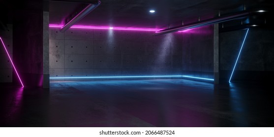 Neon Purple Blue Laser Lines Sci Fi Futuristic Concrete Cement Reflective Showroom Stage Podium Fashion Tunnel Corridor Hallway Garage Show Underground 3D Rendering Illustration