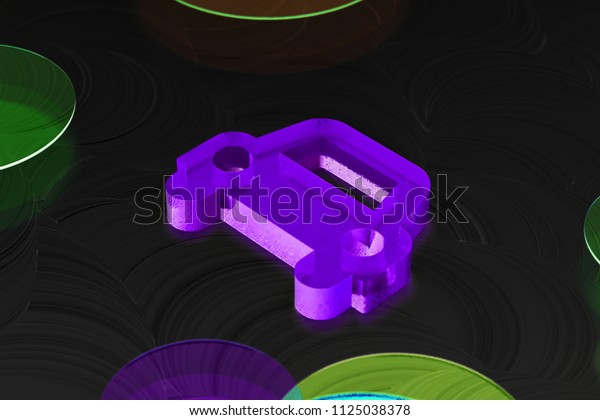 Neon Purple Car Icon on the\
Black Background With Colorful Circles. 3D Illustration of Purple\
Car, Transportation, Travel, Vehicle Icon Set on the Black\
Background.
