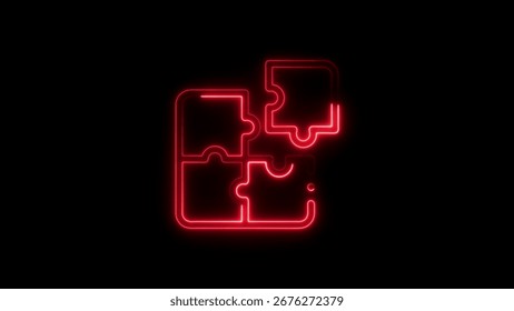 Neon puzzle icon representing solution teamwork connection and integration on a black background