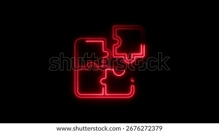 Neon puzzle icon representing solution teamwork connection and integration on a black background