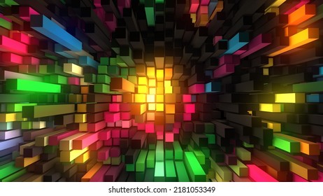 Neon rainbow background. 3d pattern of rectangles, parallelepipeds. Bright glow. Minecraft. Relief field. Mosaic, puzzle. Banner for games, presentations, business, websites.