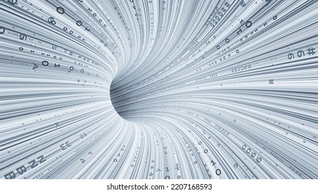 Neon Rays Virtual Flight. 3D Illustration Of Computer Code Flowing Inside Cable. High-speed Data Transmission Tunnel. Internet Gateway Data Flow