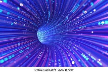 Neon Rays Virtual Flight. 3D Illustration Of Computer Code Flowing Inside Cable. High-speed Data Transmission Tunnel. Internet Gateway Data Flow