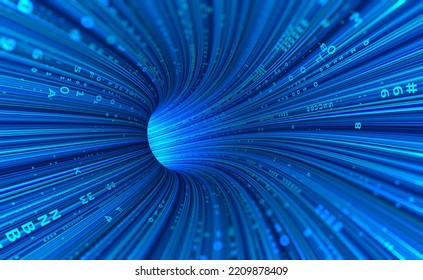 Neon Rays Virtual Flight. 3D Illustration Of Computer Code Flowing Inside Cable. High-speed Data Transmission Tunnel. Internet Gateway Data Flow