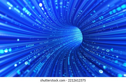 Neon Rays Virtual Flight. 3D Illustration Of Computer Code Flowing Inside Cable. High-speed Data Transmission Tunnel. Internet Gateway Data Flow