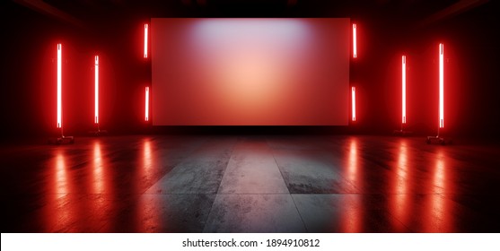 Neon Red Orange Stage Showroom Scene Concrete Floor Big White Billboard Plane Empty Vibrant Spaceship Sci Fi Futuristic Showcase Club Show Dark Cyber Virtual 3D Rendering Illustration