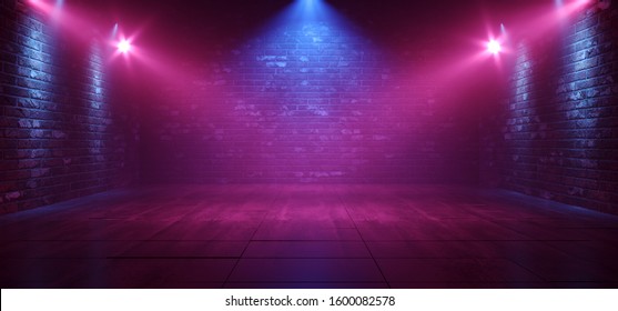 Neon Retro Brick Walls Club Mist Dark Foggy Empty Hallway Corridor Room Garage Studio Dance Glowing Blue Purple Spot Lights Concrete Floor 3D Rendering Illustration