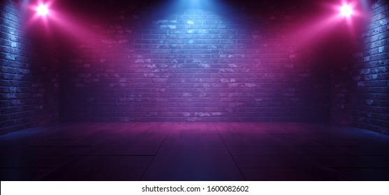 Neon Retro Brick Walls Club Mist Dark Foggy Empty Hallway Corridor Room Garage Studio Dance Glowing Blue Purple Spot Lights Concrete Floor 3D Rendering Illustration