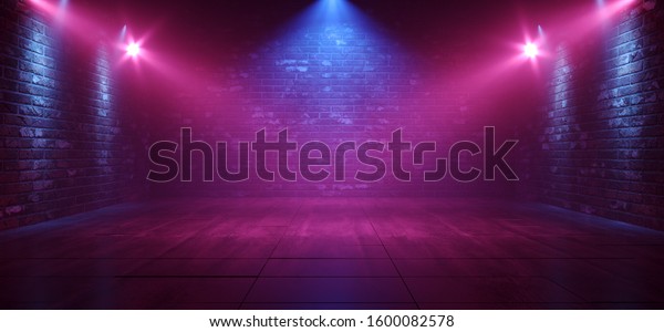 Neon Retro Brick Walls Club\
Mist Dark Foggy Empty Hallway Corridor Room Garage Studio Dance\
Glowing Blue Purple Spot Lights Concrete Floor 3D Rendering\
Illustration