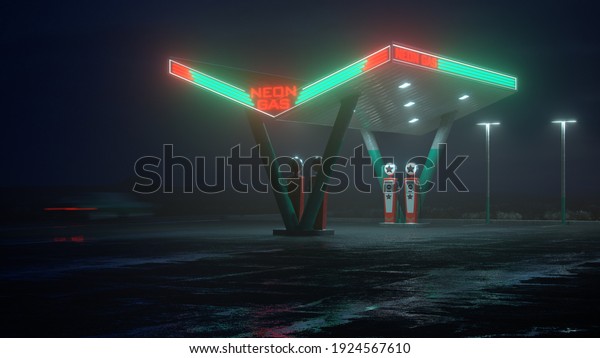 Neon retro gas station at night. Fog, rain,\
reflections on asphalt. 3D\
illustration.