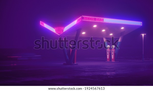 Neon retro gas station at night. Fog, rain,
reflections on asphalt. 3D
illustration.