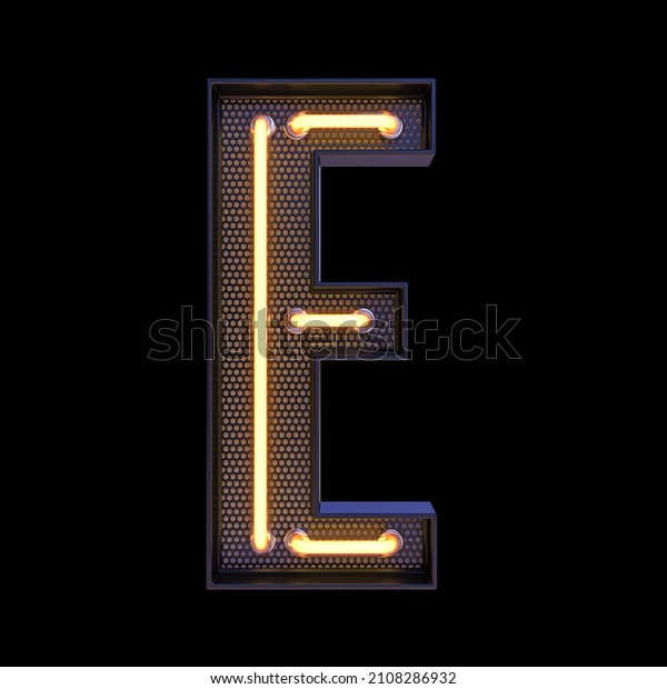 Neon retro Light Alphabet\
letter E isolated on a black background with Clipping Path. 3d\
illustration.