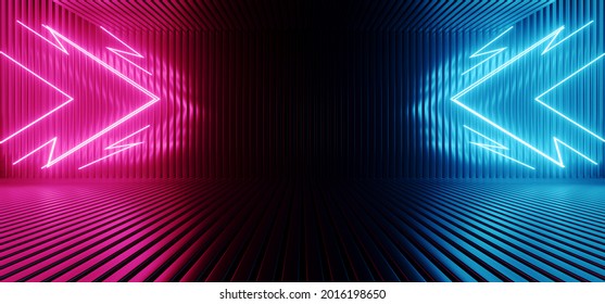 Neon Retro Sci Fi Purple Blue Glowing Arrow Shaped Laser Light Pointers Showroom Glossy Floor Hangar Room Tunnel Cyber Dance Background 3D Rendering Illustration