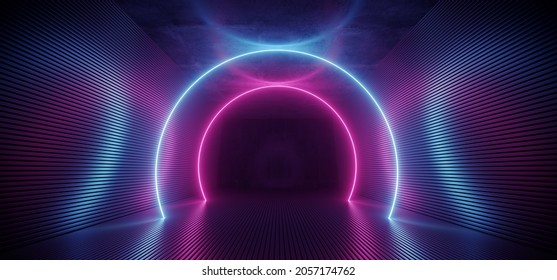 Neon Sci Fi Futuristic Alien Spaceship Modern Vibrant Purple Blue Oval Circle Glowing Laser Beams Hallway Corridor Retro  Dark Empty Podium Club Party 3D Rendering Illustration - Powered by Shutterstock