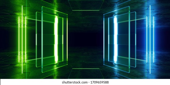 Neon Sci Fi Futuristic Glowing Green Blue Cyber Glass Plates Stage Podium Club Fashion Event Show Concrete underground Dark background Synthwave 3D Rendering Illustration