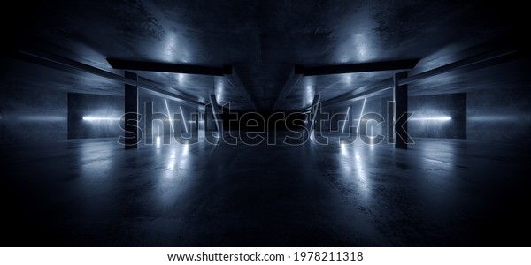 Neon Sci Fi\
Futuristic Laser Warehouse Blue White Concrete Cement Glowing\
Lights Showroom Tunnel Corridor Dark Empty Hangar Garage Parking\
Alien 3D Rendering\
illustration