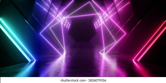 Neon Sci Fi Retro Modern Glowing Laser Electric Alien Spaceship Tunnel Garage Corridor Hangar Purple Blue Concrete Glossy background 3D Rendering Illustration - Powered by Shutterstock