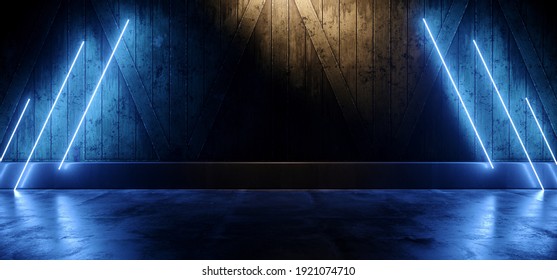 Neon Sci Fi Tron Cyber Garage Barn Glowing Blue Warm Laser Electric Fluorescent Lines On Wooden Planks Textured Wall Concrete Cement Glossy Grunge Dark 3D Rendering Illustration