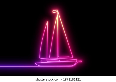 Neon Sea Yacht.Continuous Line Drawing Of Sailing Boat .Boat On A Black Background.illustration.