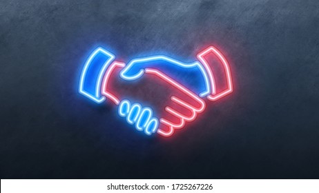 Neon Shake Hand Business Man Neon Sign. Night Bright Neon Sign, Red And Blue Color Billboard, Light Banner. On Texture Wall 