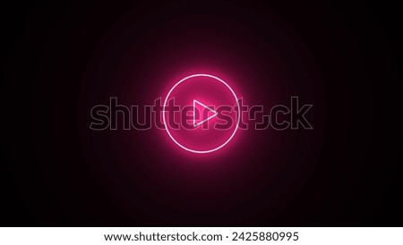 Neon shine play button with neon circle. Play button icon. 3d rendering. Glowing pink color play button on black background. Neon glowing Play button icon.