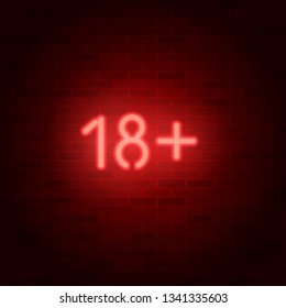 Neon Sign 18 Plus On Brick Wall. Age Rating Symbol. Raster Version