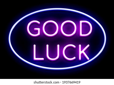 Neon Sign Good Luck In Frame On Dark Background