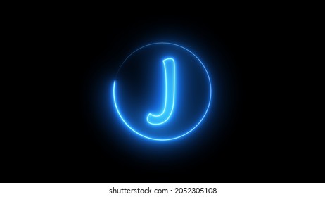 Neon Sign Letter Glowing With Blue Light. Glowing Neon Line In A Circular Path Around The J Alphabet.