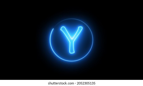 Neon Sign Letter Glowing With Blue Light. Glowing Neon Line In A Circular Path Around The Y Alphabet.