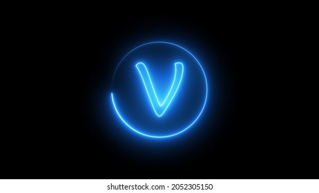 A Neon Sign Letter Glowing With Blue Light. Glowing Neon Line In A Circular Path Around The V Alphabet.