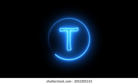 A Neon Sign Letter Glowing With Blue Light. Glowing Neon Line In A Circular Path Around The T Alphabet.