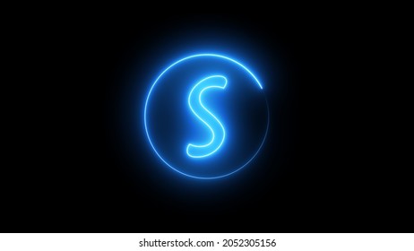 Neon Sign Letter Glowing With Blue Light. Glowing Neon Line In A Circular Path Around The S Alphabet.