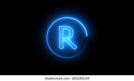 Neon Sign Letter Glowing With Blue Light. Glowing Neon Line In A Circular Path Around The R Alphabet.