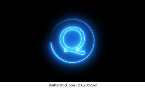 Neon Sign Letter Glowing With Blue Light. Glowing Neon Line In A Circular Path Around The Q Alphabet.